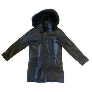 Vintage Womens Small 100% Leather Real Fur Black Coat Full Zip Hood & Lined